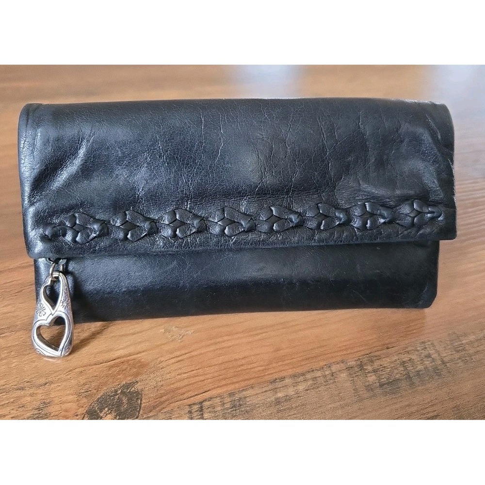 Brighton Tri-Fold Black Genuine Leather Wallet Silver Heart Pull Magnetic Close
